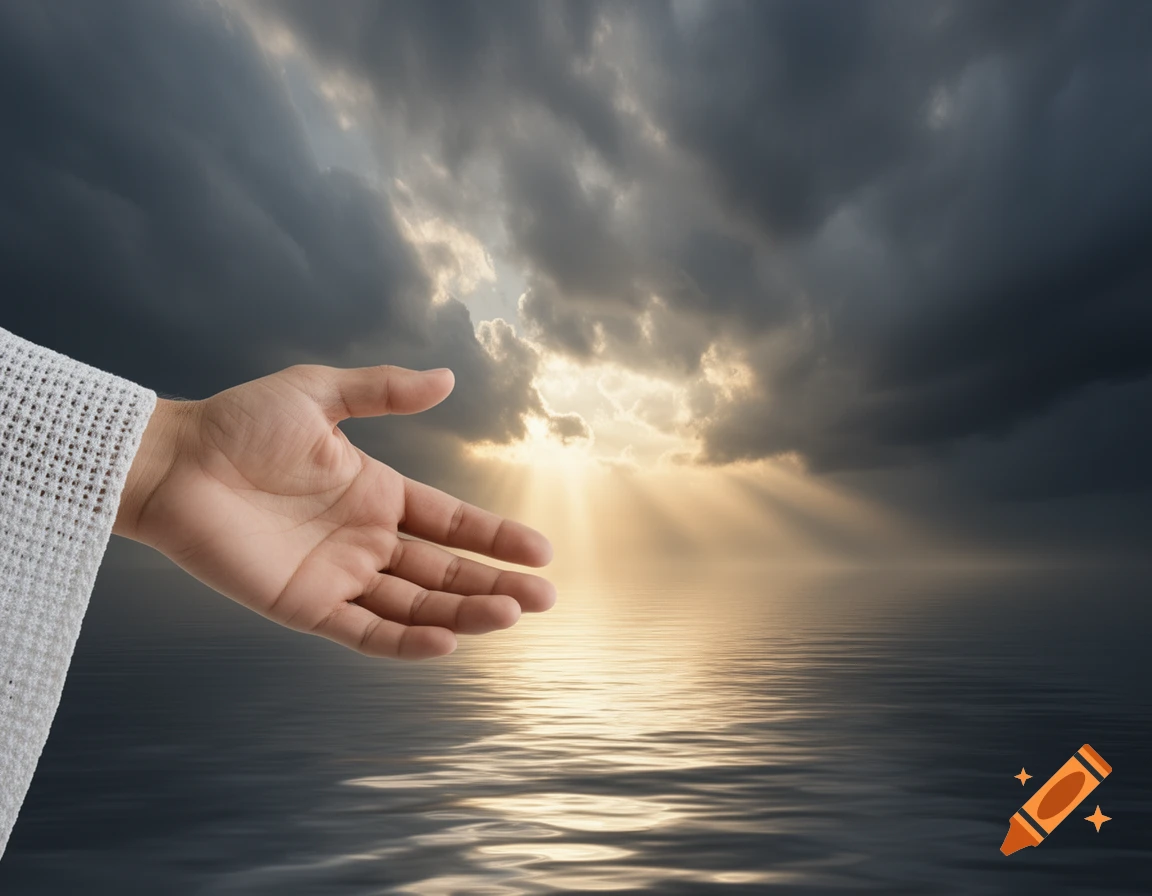 A hand with a white knitted robe sleeve reaching over dark, calm water under a stormy sky with sun rays breaking through.
