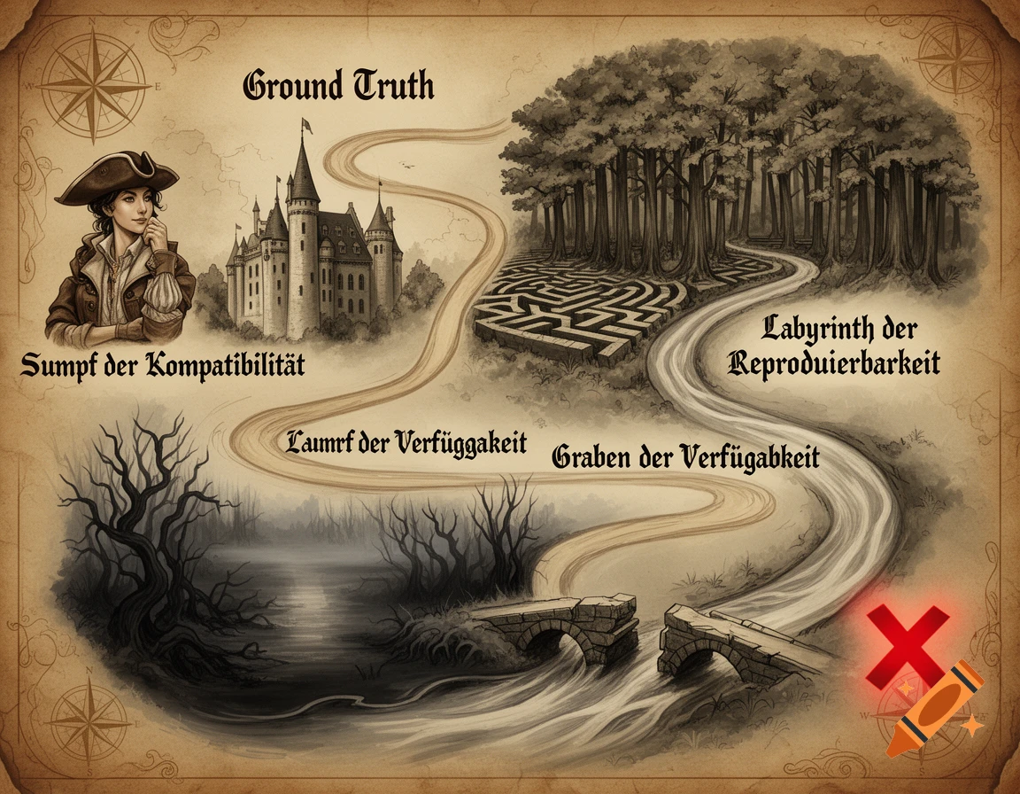 An old treasure map illustration featuring a pirate-like woman, a castle, a forest maze, a river with a broken bridge, and various German text labels along a winding path.