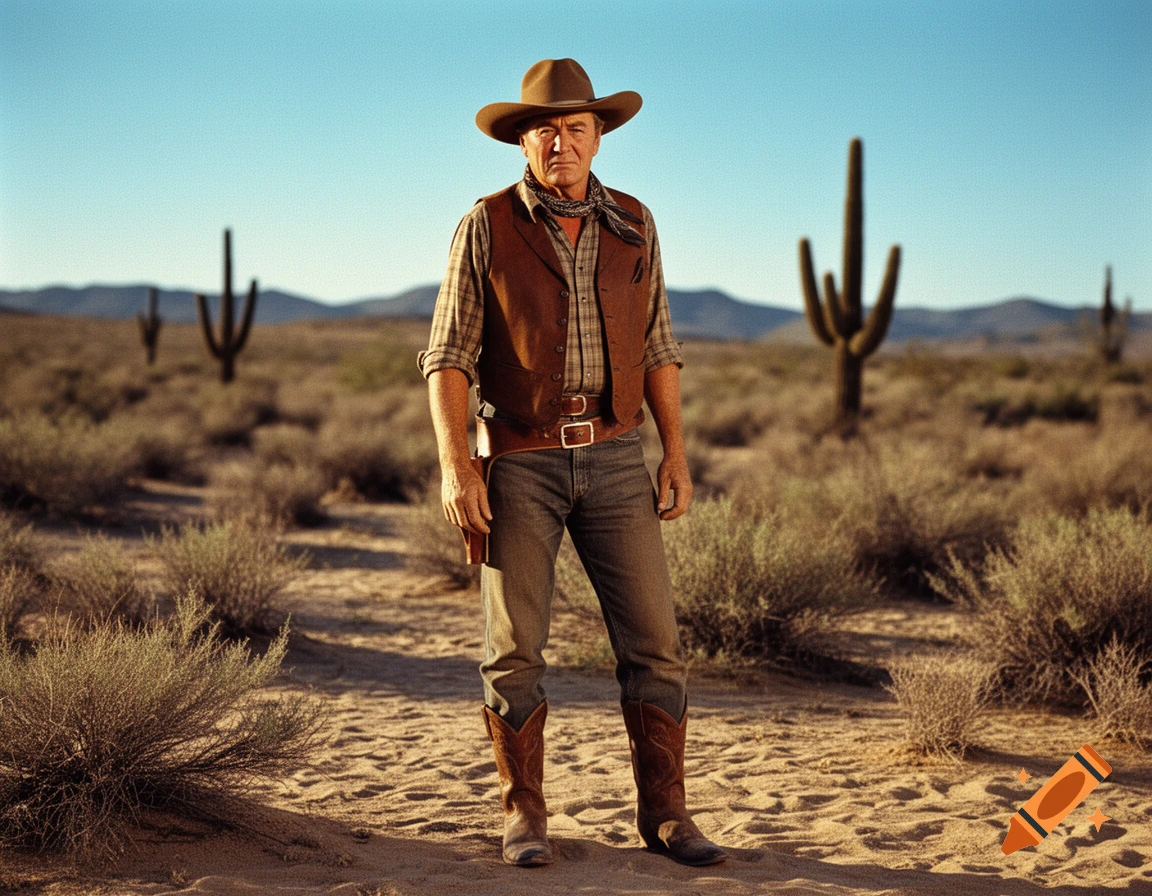 A stern-faced cowboy in a hat and vest stands in a sunlit desert with saguaro cacti.
