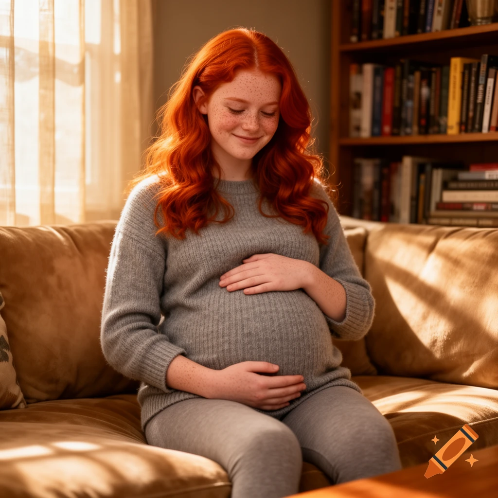 A smiling woman with red hair and freckles, wearing a gray sweater, sits on a couch and cradles her pregnant belly.