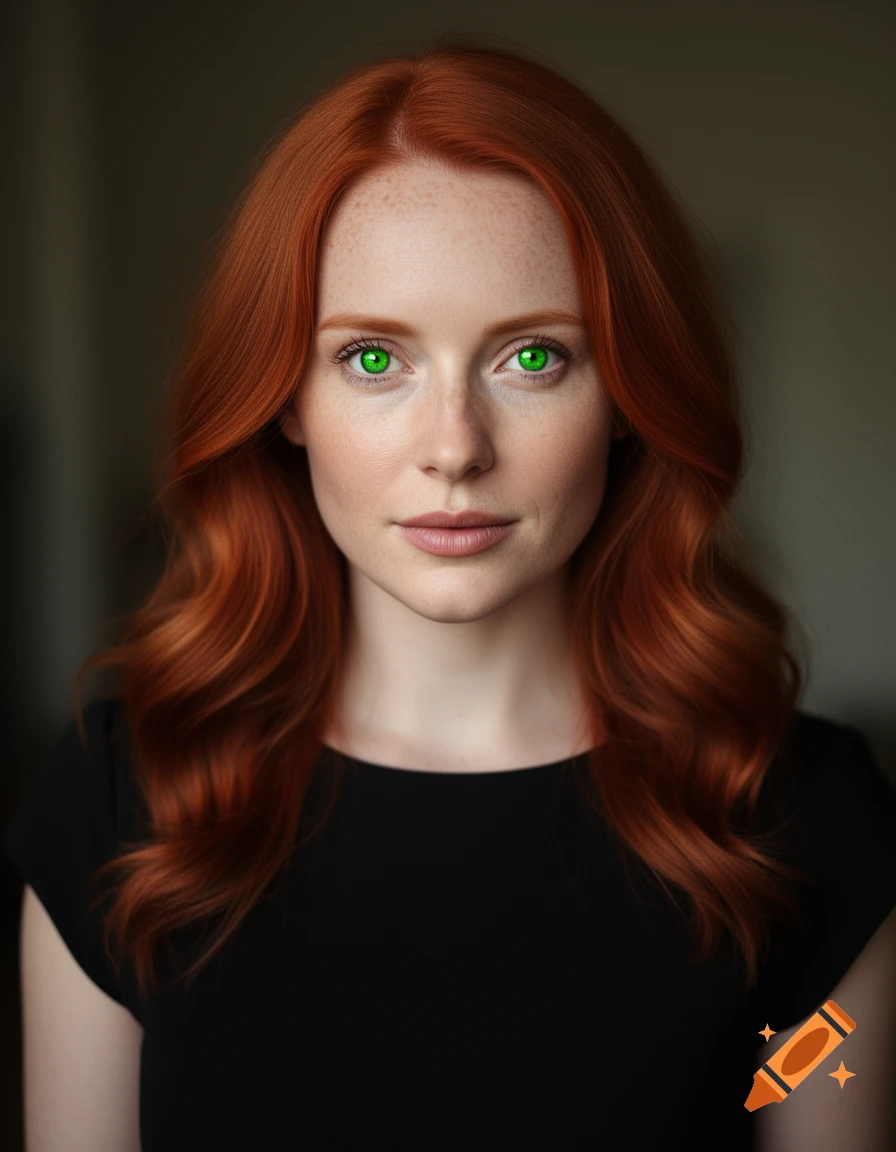 Photorealistic portrait of a woman with long red hair, freckles, and vivid green eyes, wearing a black dress.