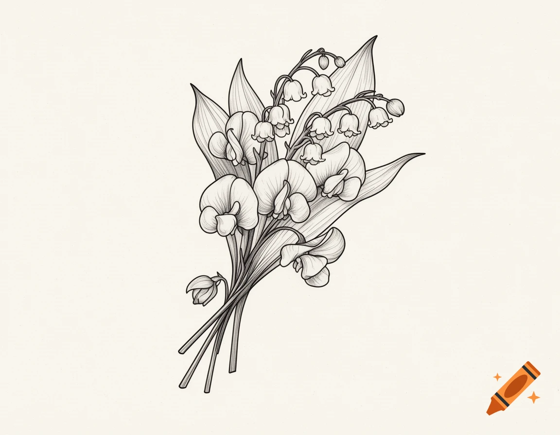 A delicate black and white fine line drawing of a bouquet featuring lily of the valley and sweet peas.