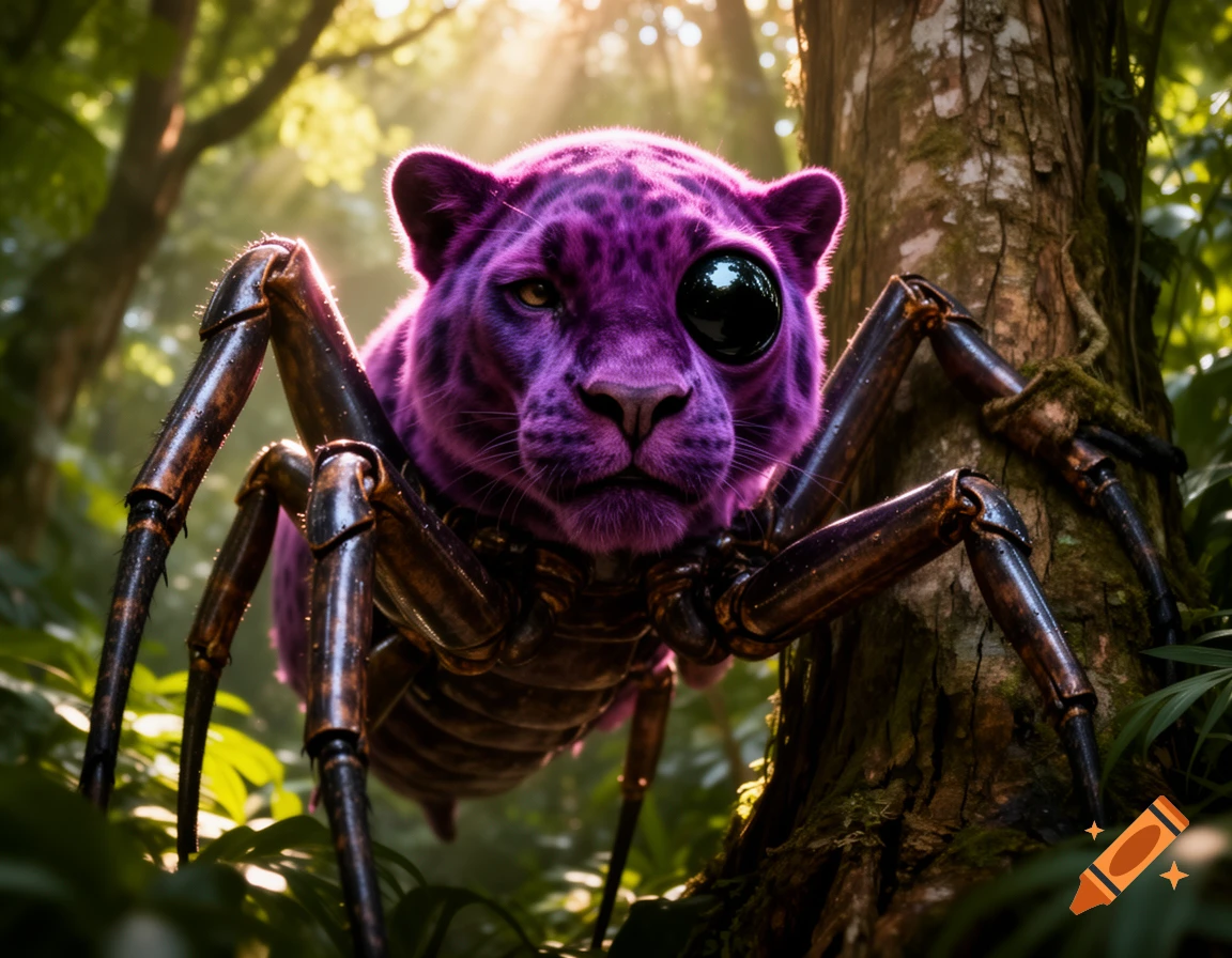 A striking purple panther-headed spider with a single black eye, in a sunlit, lush jungle setting.