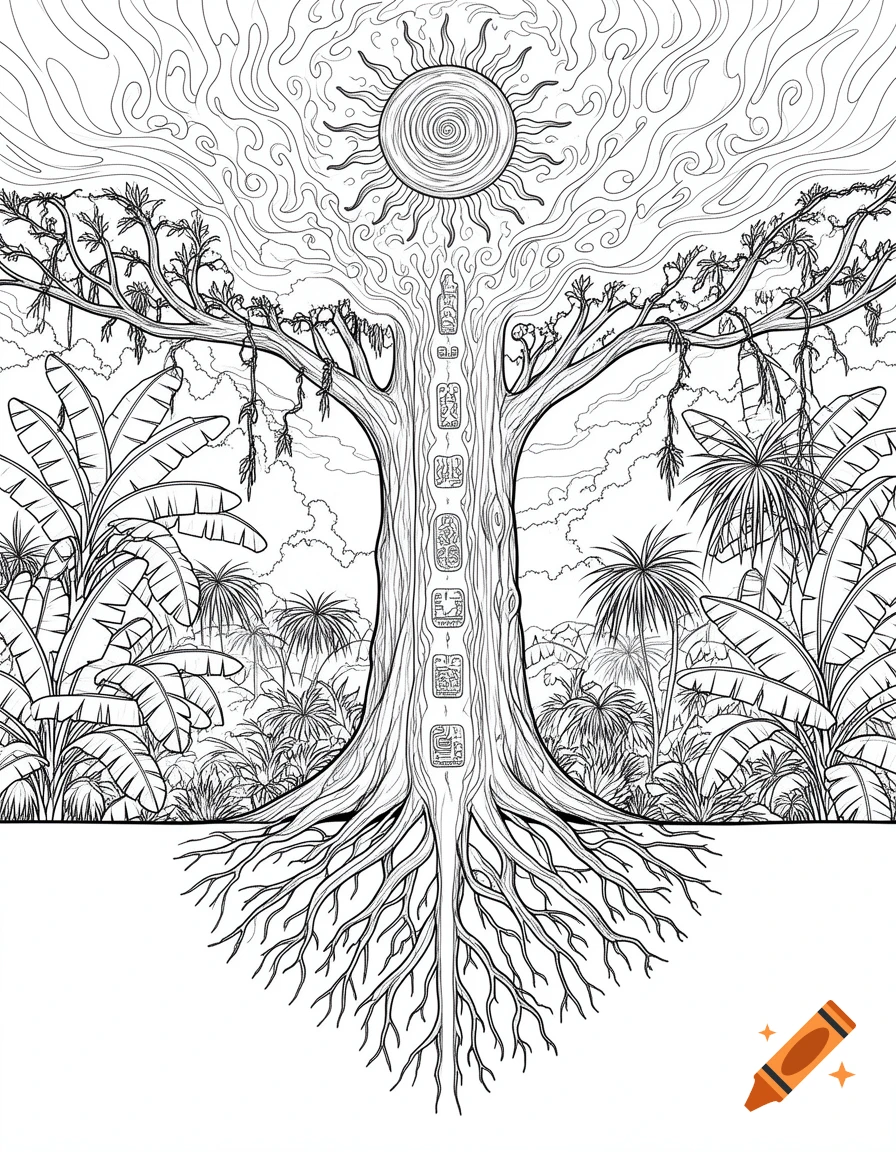 Black and white line art of a mystical tree with extensive roots, ancient symbols on its trunk, a symbolic sun, and rainforest foliage.