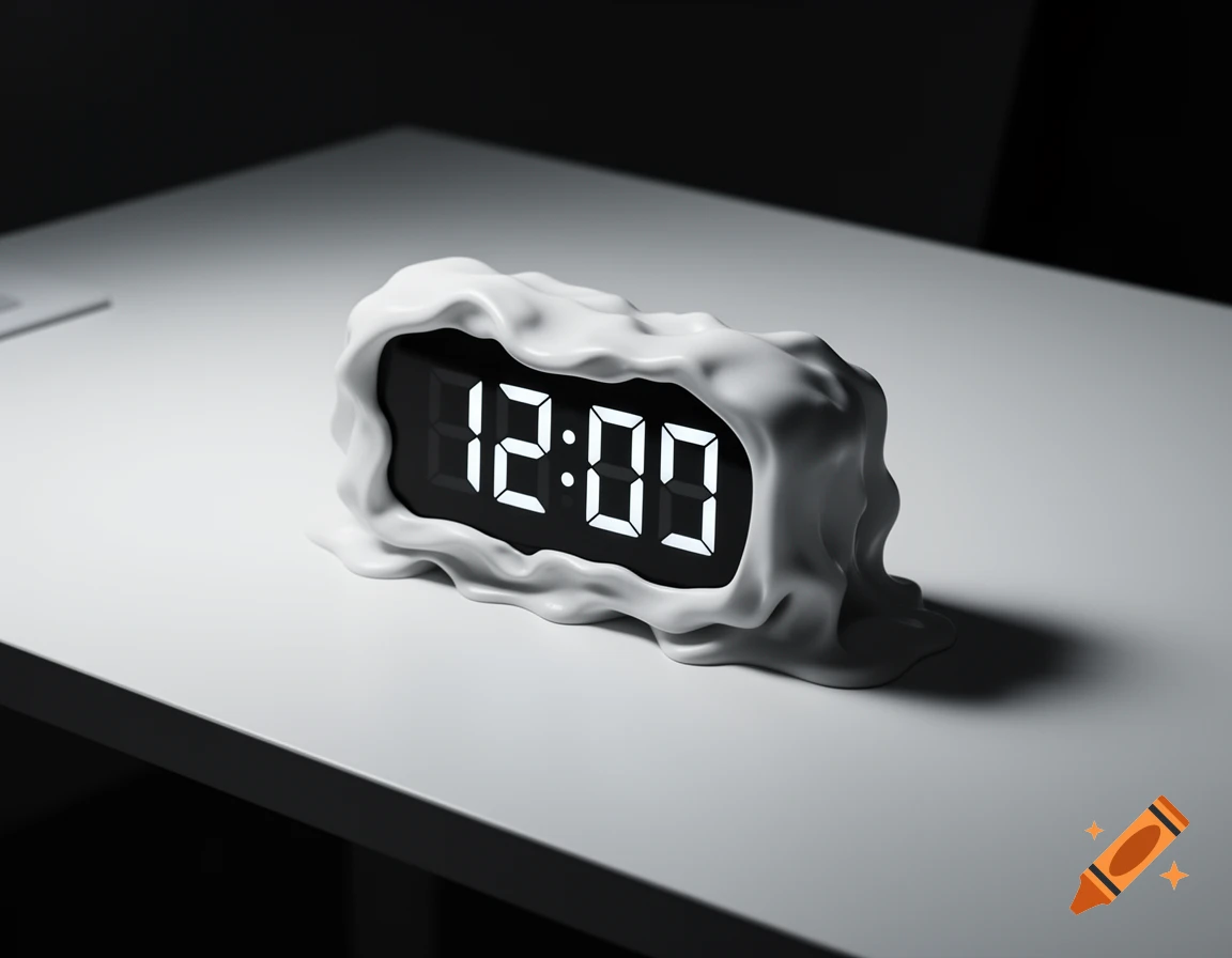 A white melting digital clock showing 12:00, on a clean desk with dramatic lighting in a hyper-realistic product photo.