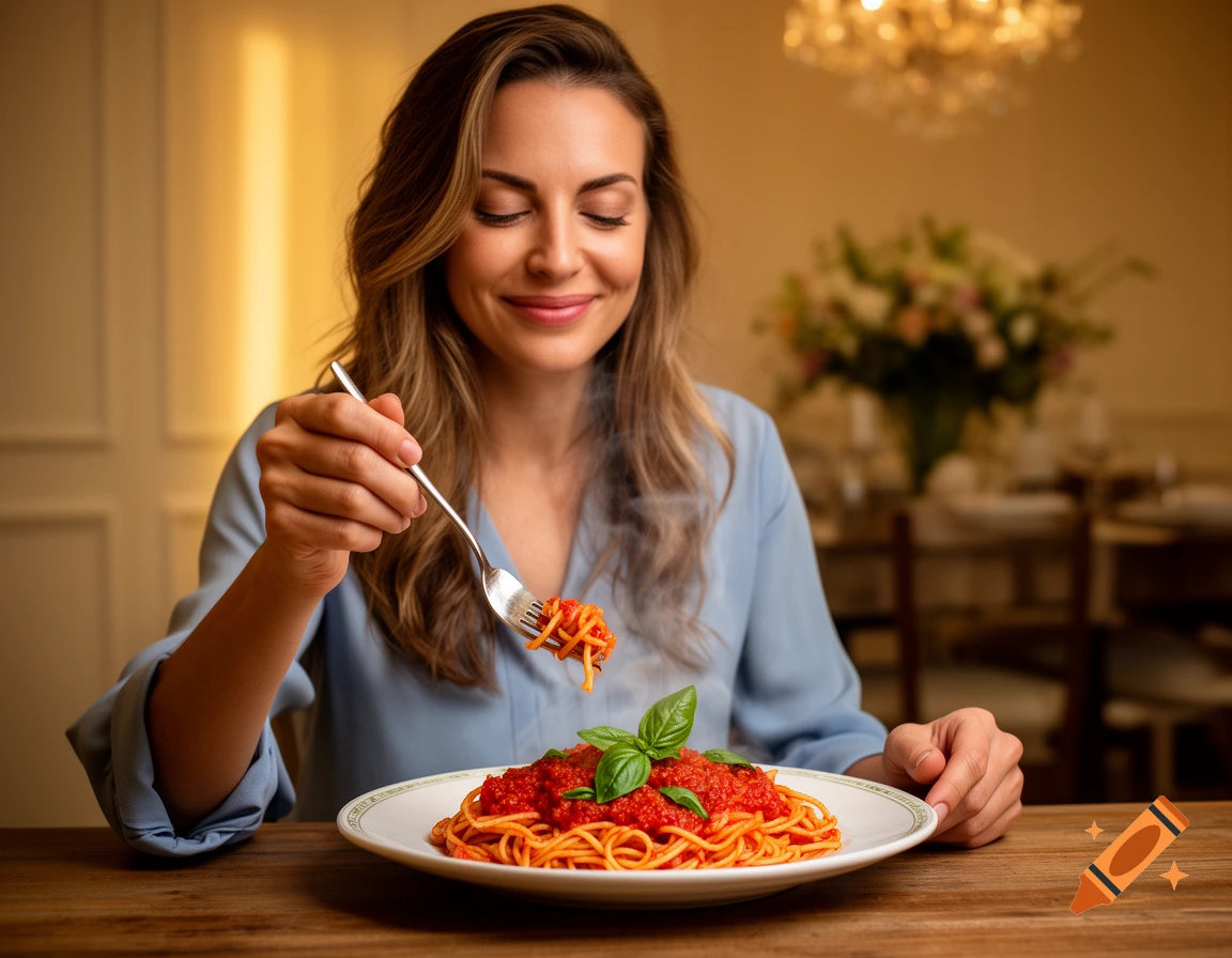 A smiling woman with closed eyes enjoys a plate of spaghetti with tomato sauce and basil at a wooden table in a dining room.