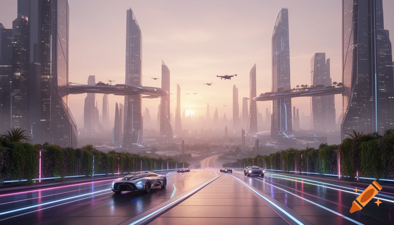 Futuristic cityscape at sunrise with sleek cars on a neon-lit highway and drones flying between towering skyscrapers.