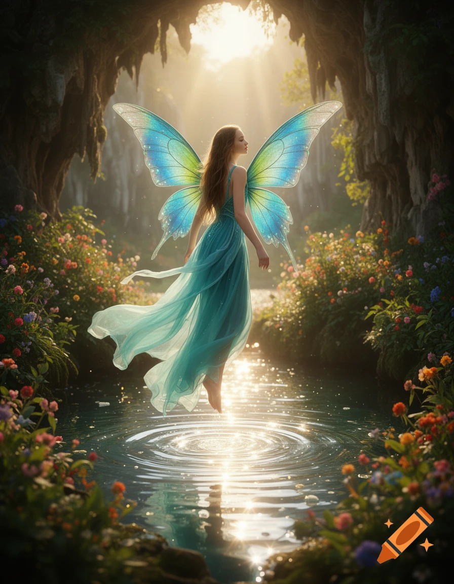 A beautiful fairy with shimmering blue-green wings and a flowing teal dress hovers above sparkling water in a sunlit forest grotto.