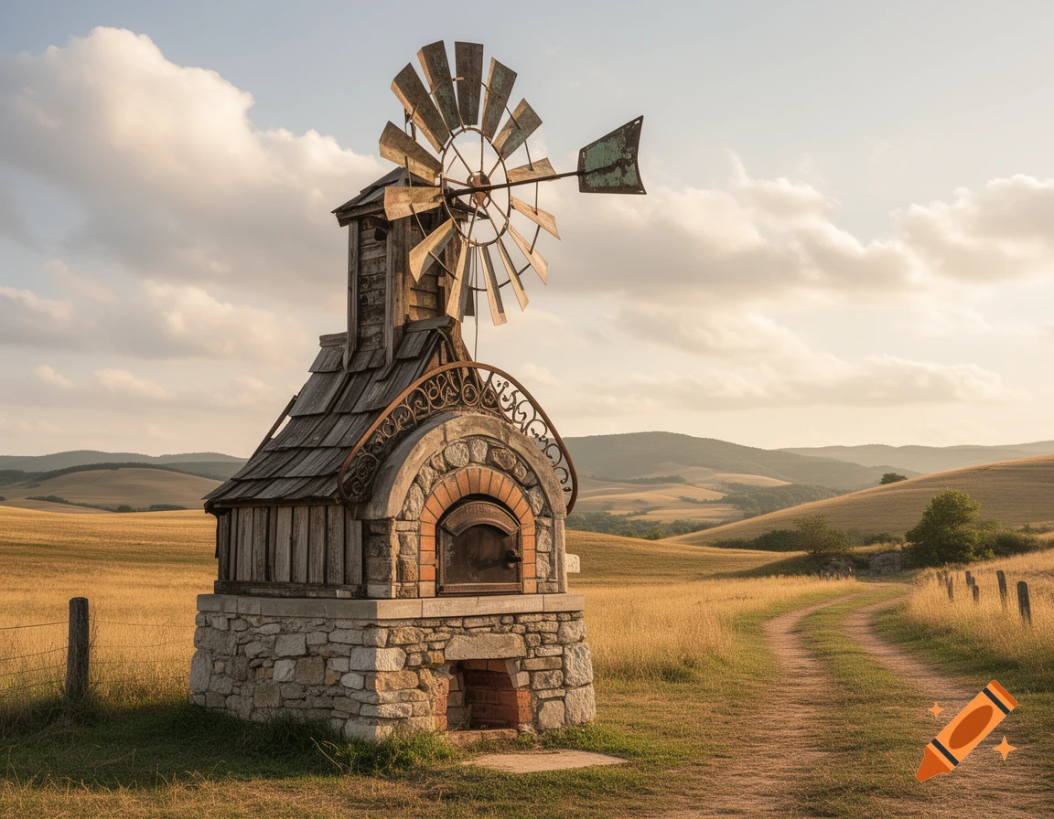 A photorealistic image of a stone oven with a wooden windmill on top, set in a golden field with a dirt path and rolling hills.