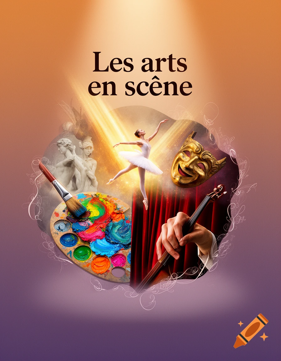 Vibrant digital art collage titled 'Les arts en scène' featuring a ballet dancer, classical sculptures, a painter's palette, a theater mask, and a hand playing a string instrument.