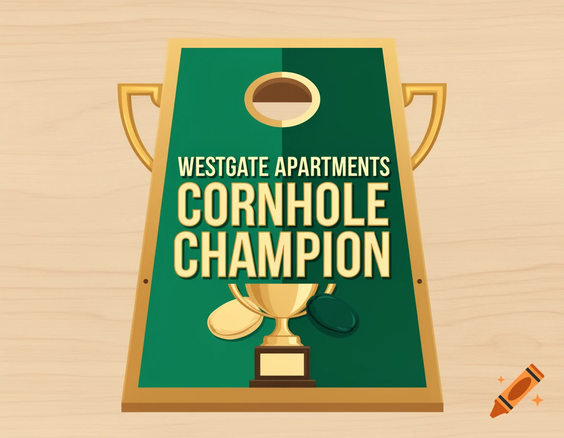 A green and gold cornhole-shaped trophy plaque with "WESTGATE APARTMENTS CORNHOLE CHAMPION" text, a small trophy, and cornhole bags, illustrated.