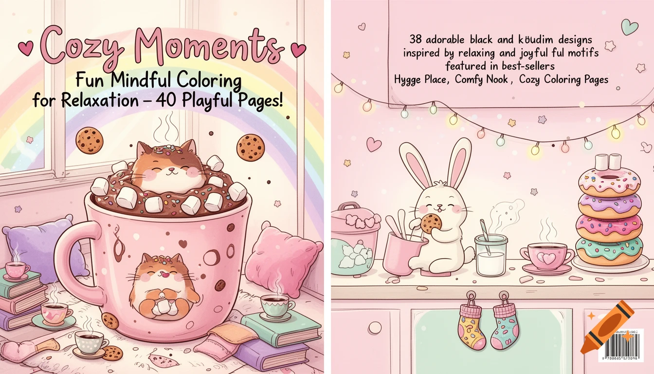 A pastel coloring book cover featuring a cat in a hot cocoa mug, cookies, books, and a bunny eating a cookie next to donuts under fairy lights.