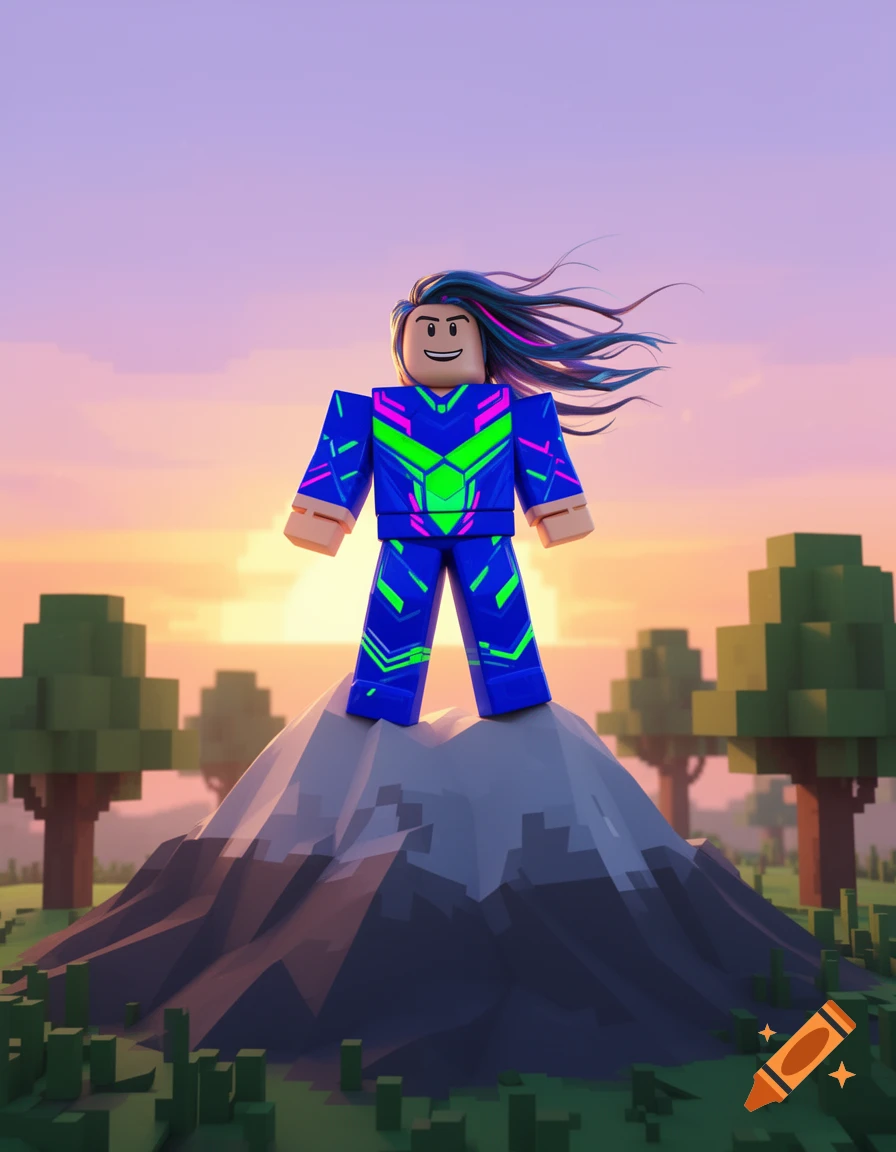 A vibrant Roblox character with flowing multi-colored hair and a neon blue suit stands atop a blocky mountain at sunset.