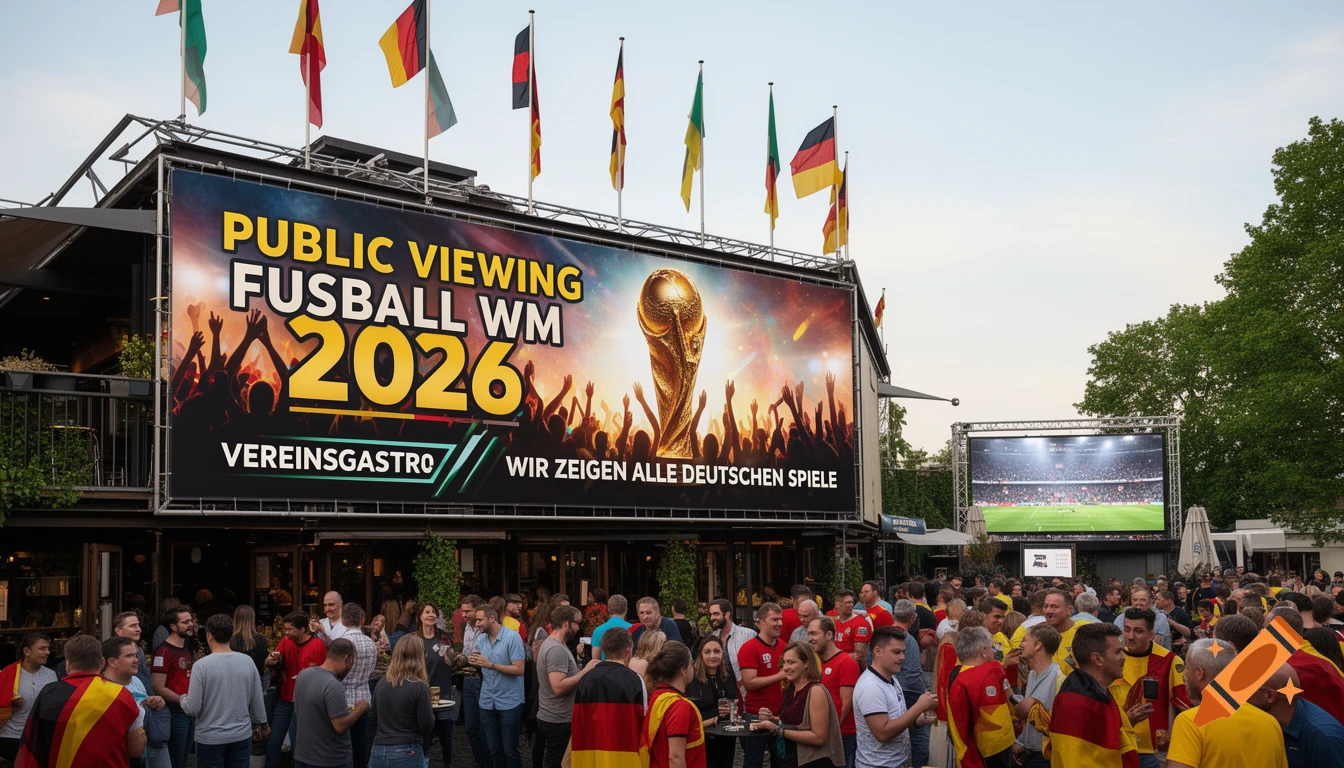 A large crowd gathers for a public outdoor viewing of the 2026 Football World Cup, featuring a big banner and a screen showing a match.