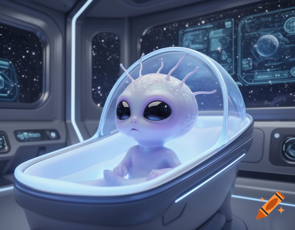 A cute, stylized alien baby with large black eyes sits in a futuristic, glowing incubator inside a spaceship, with stars visible outside.