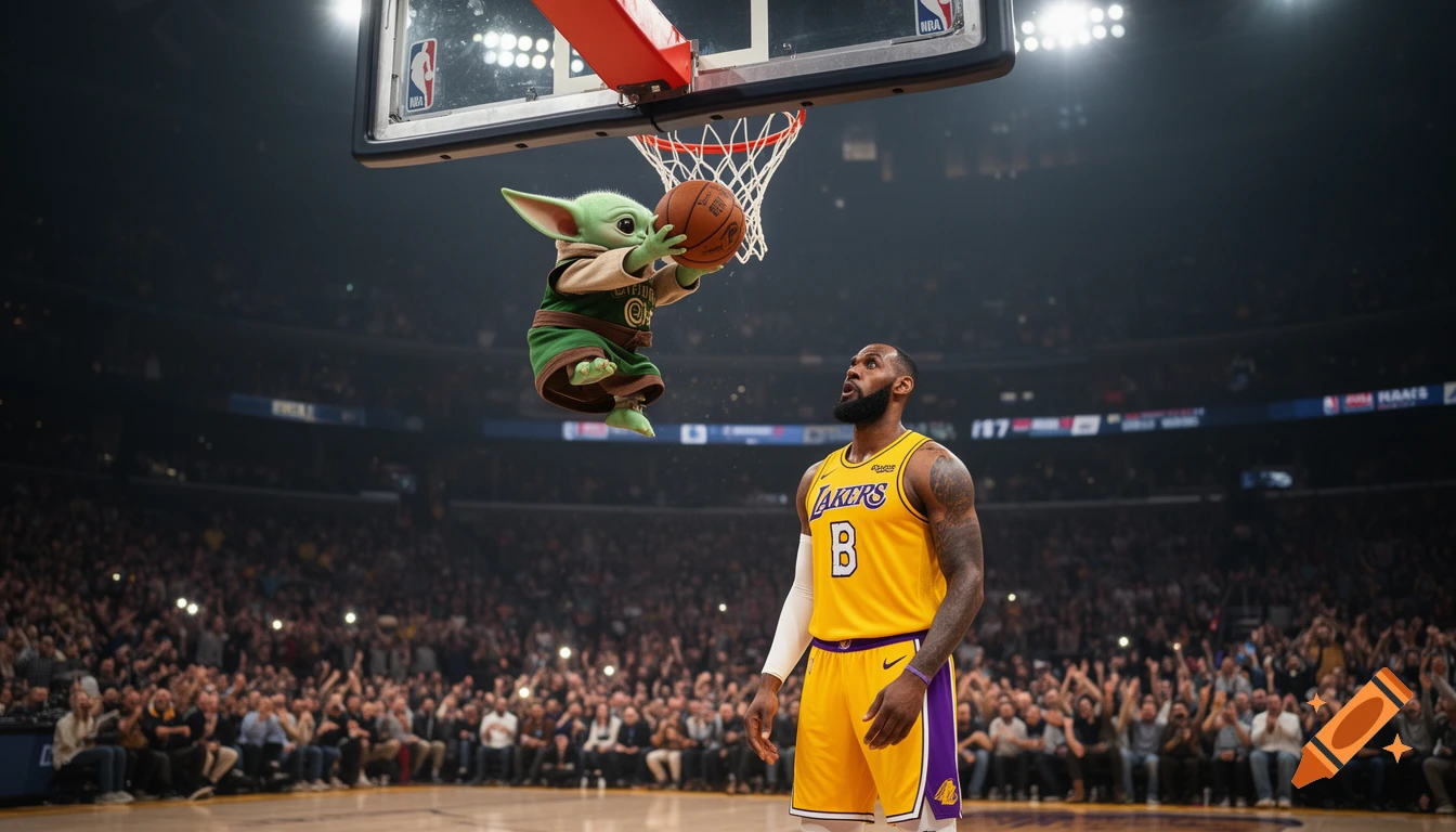Baby Yoda in green robes slam dunks a basketball over LeBron James, who wears a yellow Lakers jersey, on a court in front of a cheering crowd.