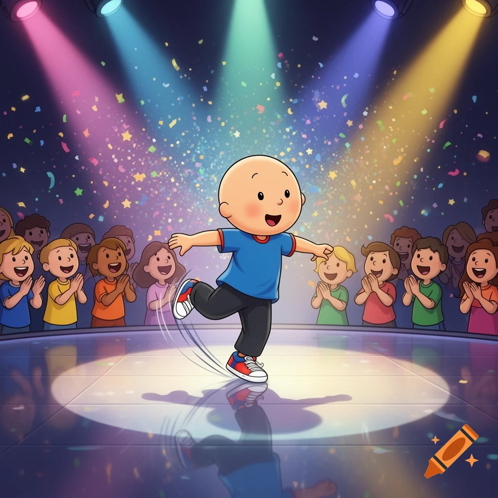 Caillou moonwalking on a stage under colorful spotlights with confetti, applauded by a cartoon audience.