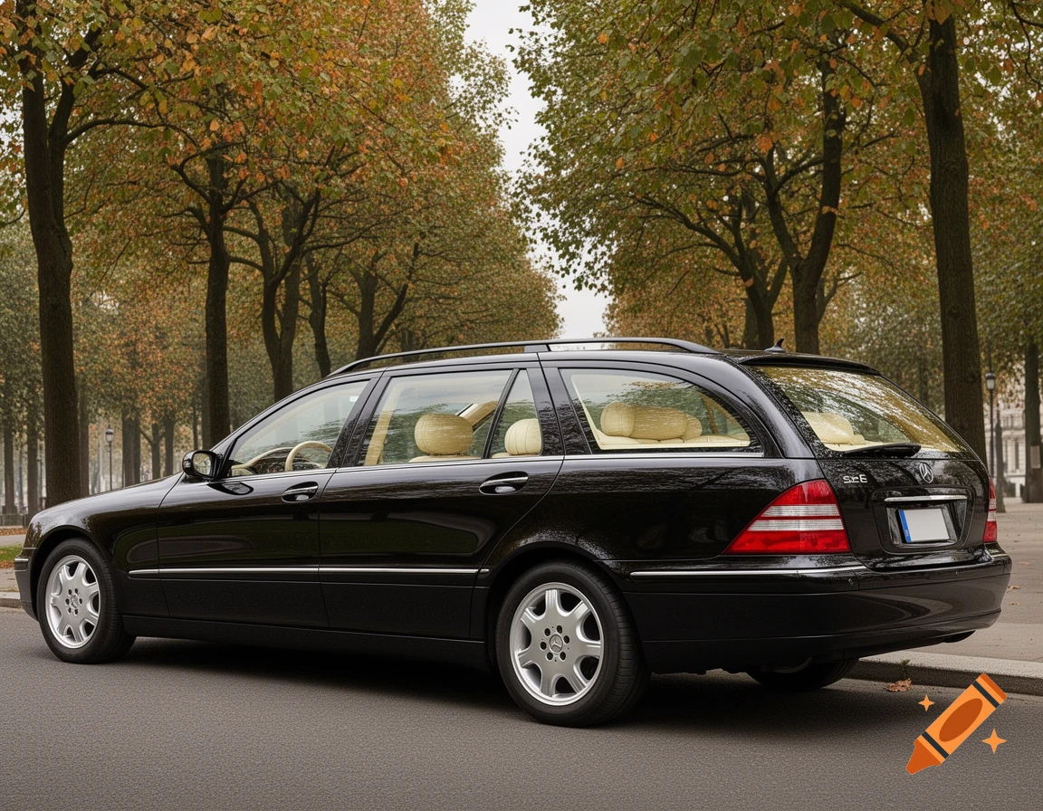 A black Mercedes-Benz W220 S-Class station wagon is parked on a street lined with autumn trees, photorealistic style.