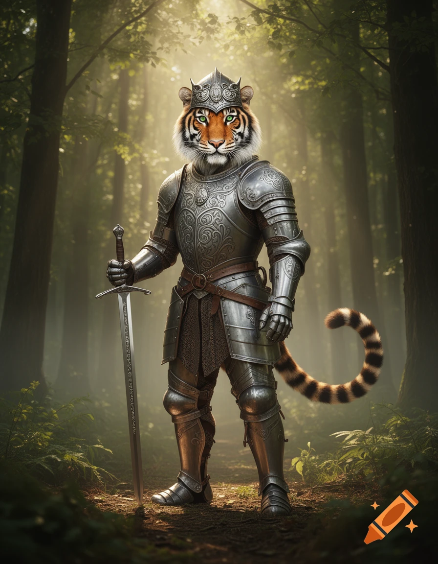 An anthropomorphic tiger knight in shining armor and a crown, holding a sword in a sunlit forest.