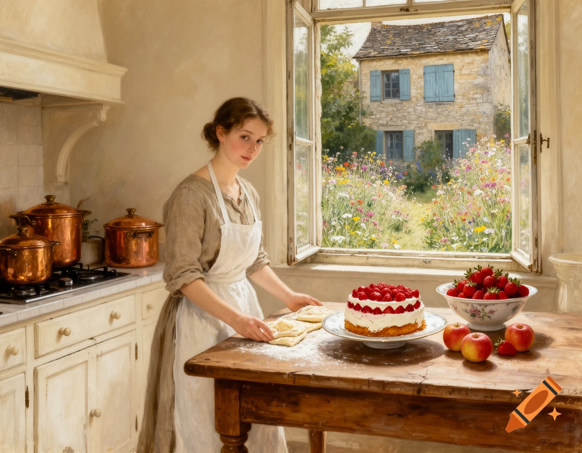 Oil painting of a young woman in a bright kitchen, looking at the viewer while baking. A strawberry cake, fruit, and copper pots are on the table, with a garden and stone cottage visible through the window.