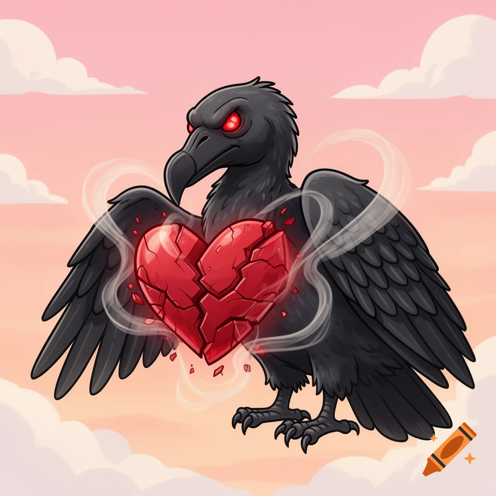 Cartoon black vulture with glowing red eyes holding a broken red heart emitting smoke, against a cloudy pink sky.