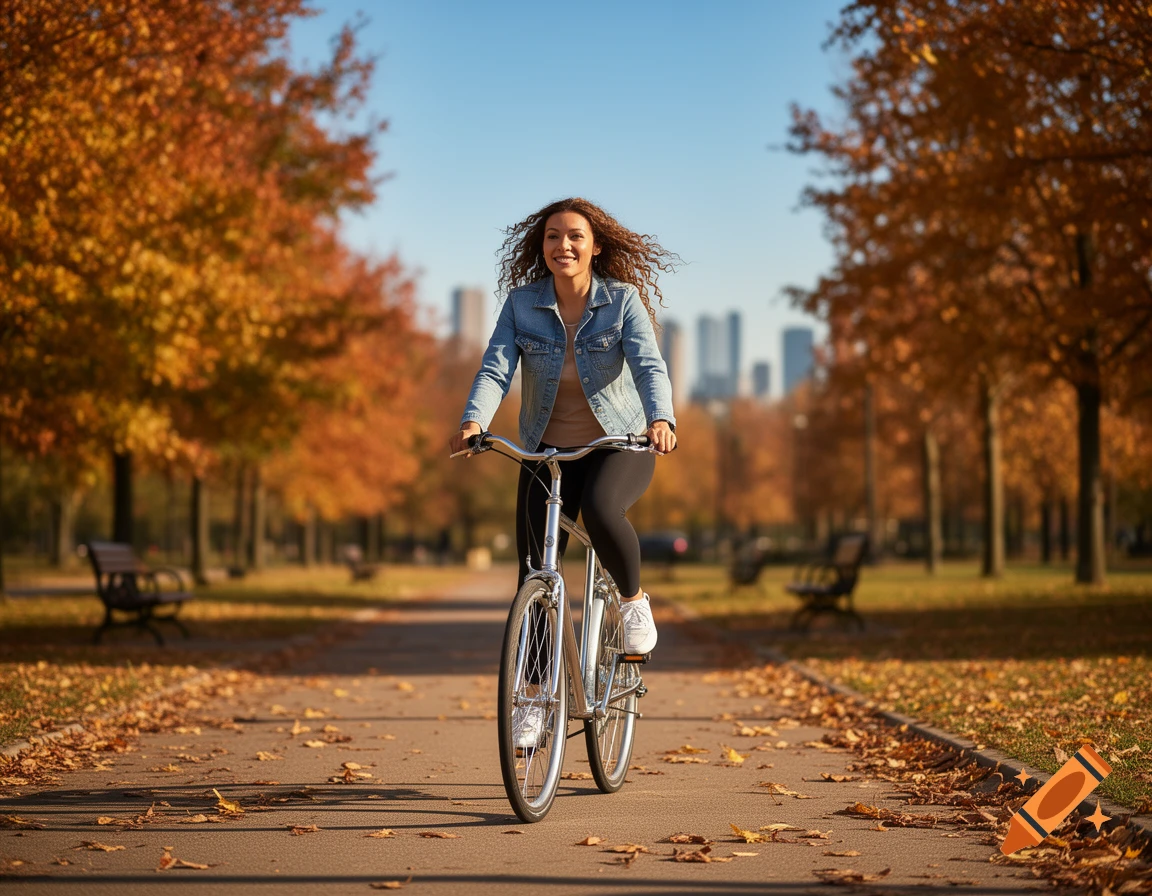 Woman rides a bicycle on a park path amidst autumn trees with a city skyline visible in the distance. Photorealistic.