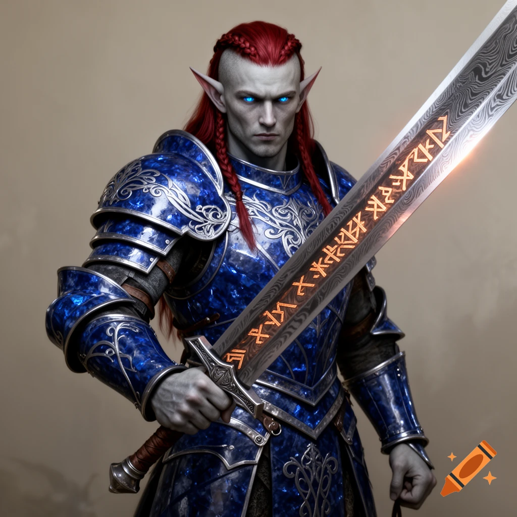 Painting of a muscular male elf with ash grey skin, piercing blue eyes, and long red braided hair. He wears ornate cobalt blue and silver plate armor and holds a greatsword with glowing copper-colored runes.