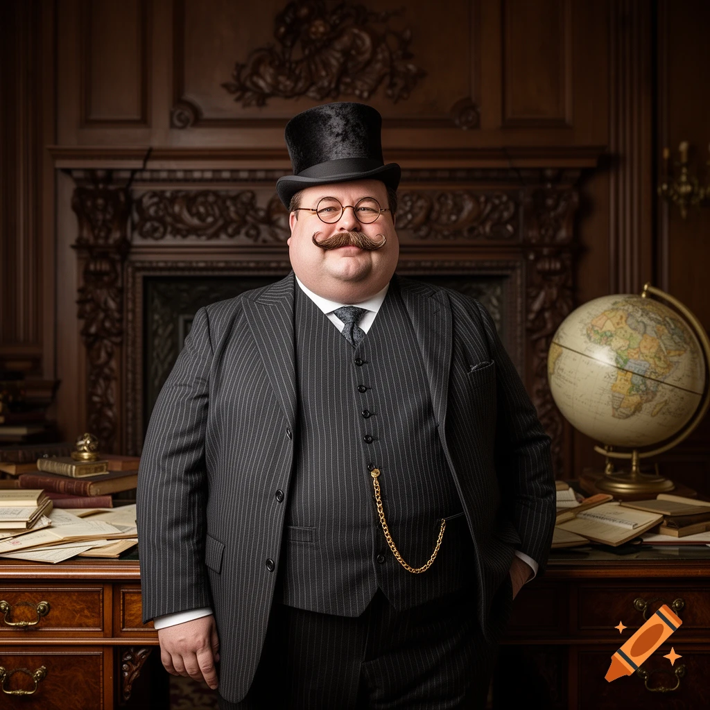 A portly man in a pinstripe suit, top hat, and monocle stands in a vintage wood-paneled study with a globe.