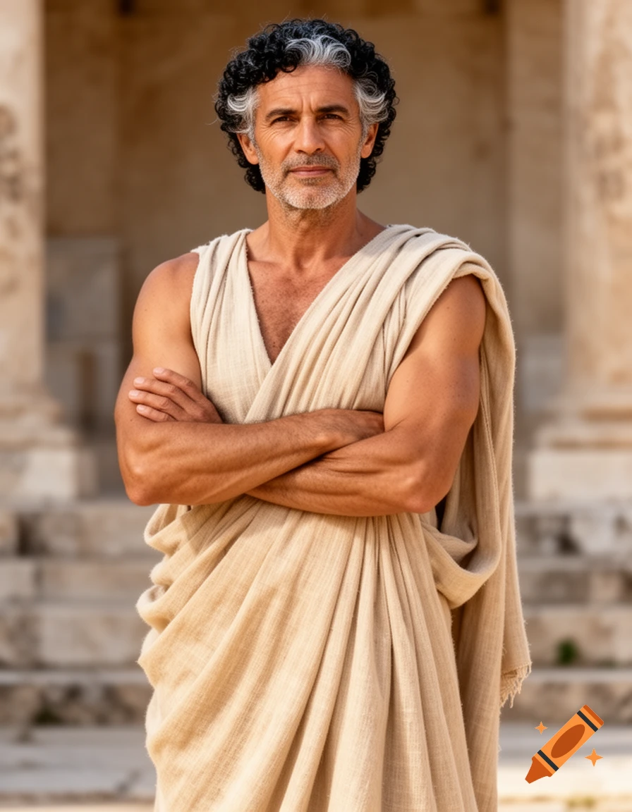 Photorealistic full body portrait of a dignified 50-year-old Greek man with curly black and gray hair, wearing a modest robe, arms crossed, standing outdoors.