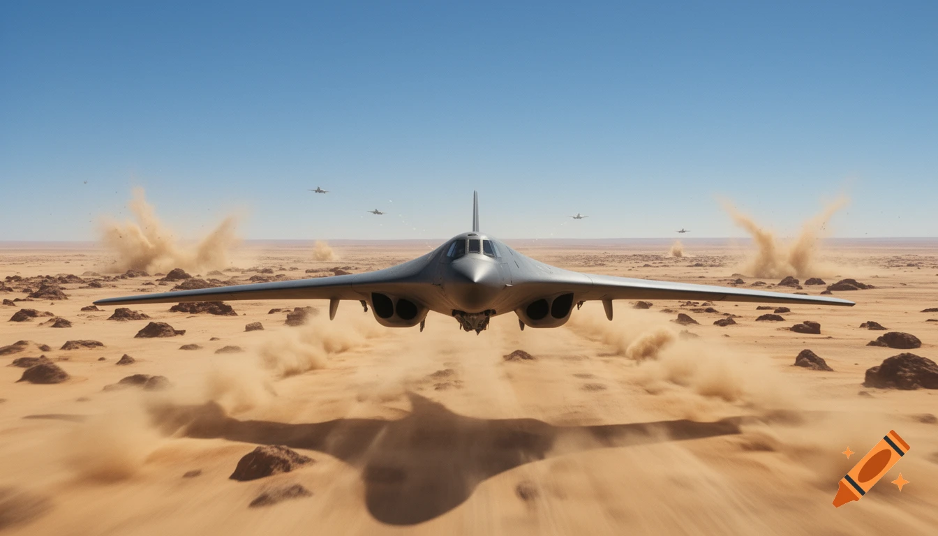 Photorealistic B-1 Lancer bomber flying low over a rocky desert, kicking up dust. Explosions and other jets are in the distance.