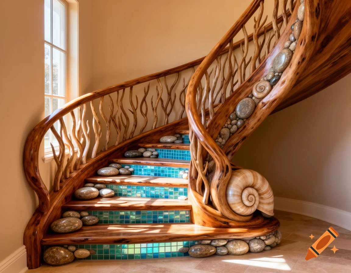 A decorative spiral wooden staircase with branch-like railings, blue mosaic tile steps, smooth stones, and large seashells.