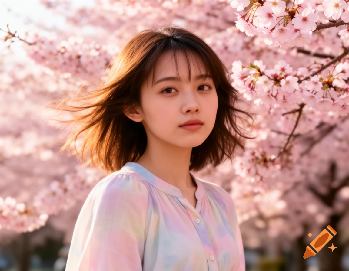 A young woman with short brown hair stands among blooming pink cherry blossoms, looking forward. Her hair is windswept.
