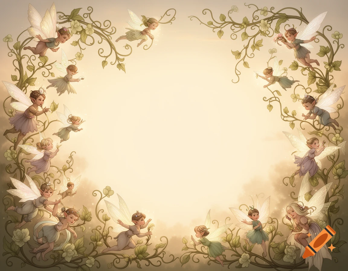 Whimsical illustration of many fairies and green vines creating a decorative border around a light central space.