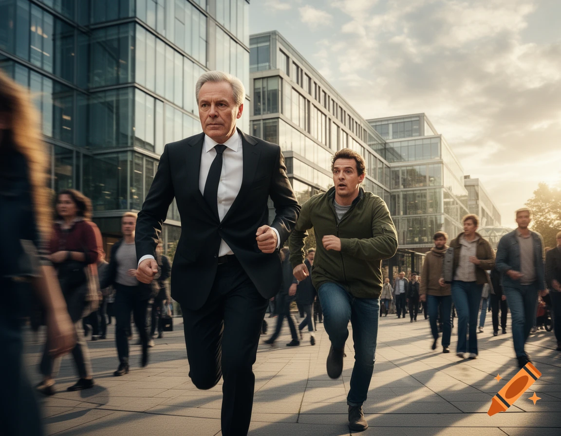 Two men, one in a suit and another in a green jacket, run through a bustling city street lined with modern glass buildings at sunset.