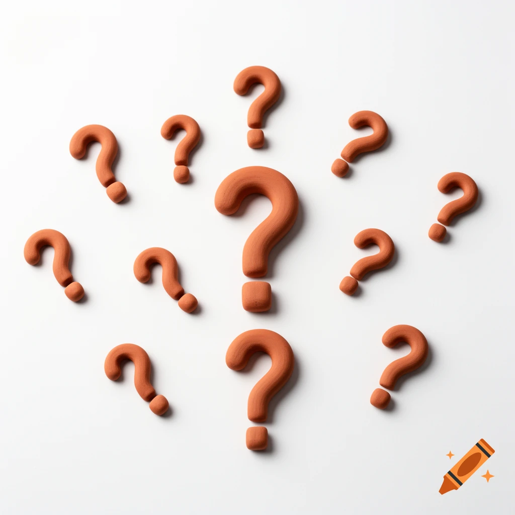 Multiple terracotta-colored 3D question marks scattered on a clean white background.