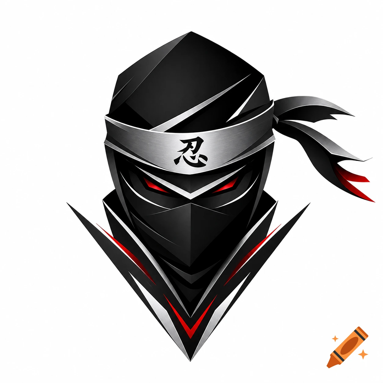 Stylized black and silver ninja head logo with red glowing eyes and a Japanese character on its headband.