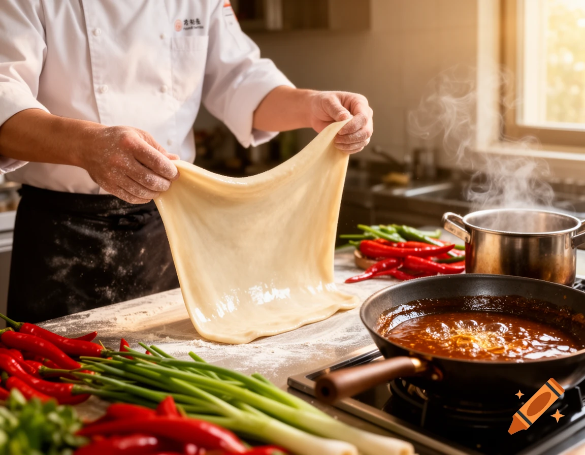 A chef in a white uniform stretches fresh dough in a kitchen, surrounded by red chili peppers, green onions, and a simmering pan, photorealistic.