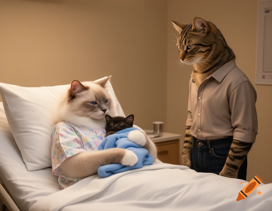An anthropomorphic Ragdoll cat in a hospital gown lies in bed, cradling a baby black tabby kitten, while an anthropomorphic Mackerel tabby cat stands nearby. Photorealistic.