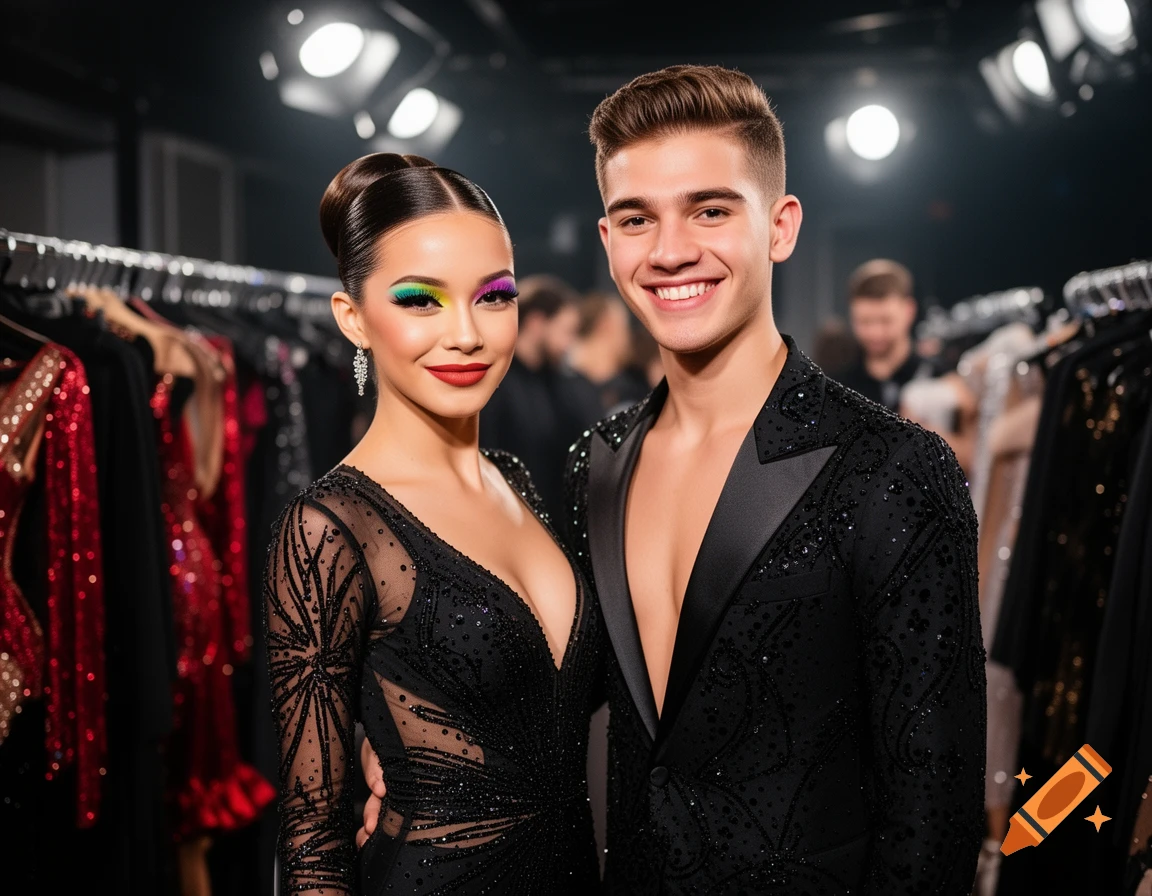A smiling man and woman in sparkly black dance costumes pose backstage, the woman wearing vibrant rainbow eye makeup.