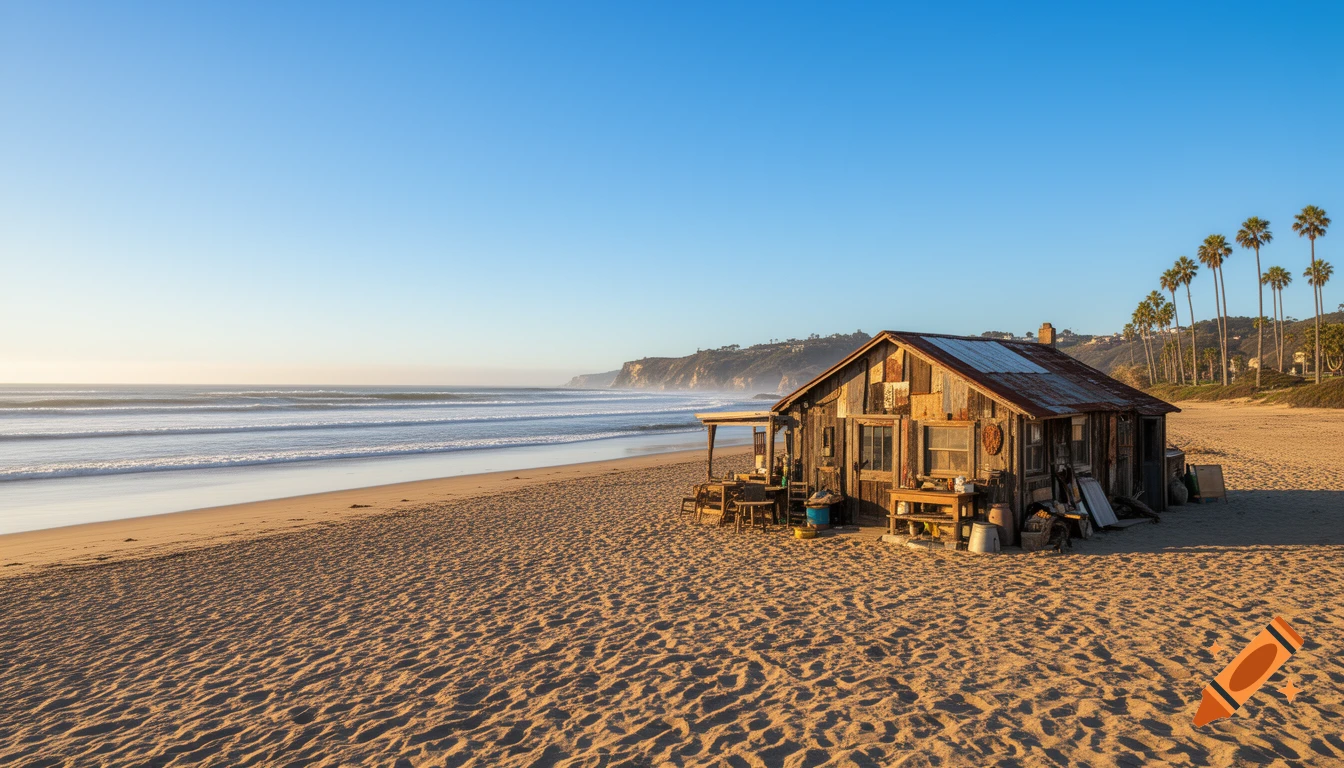 A rustic wooden shack sits on a wide sandy beach next to the ocean, with cliffs and palm trees in the distance under a clear blue sky.