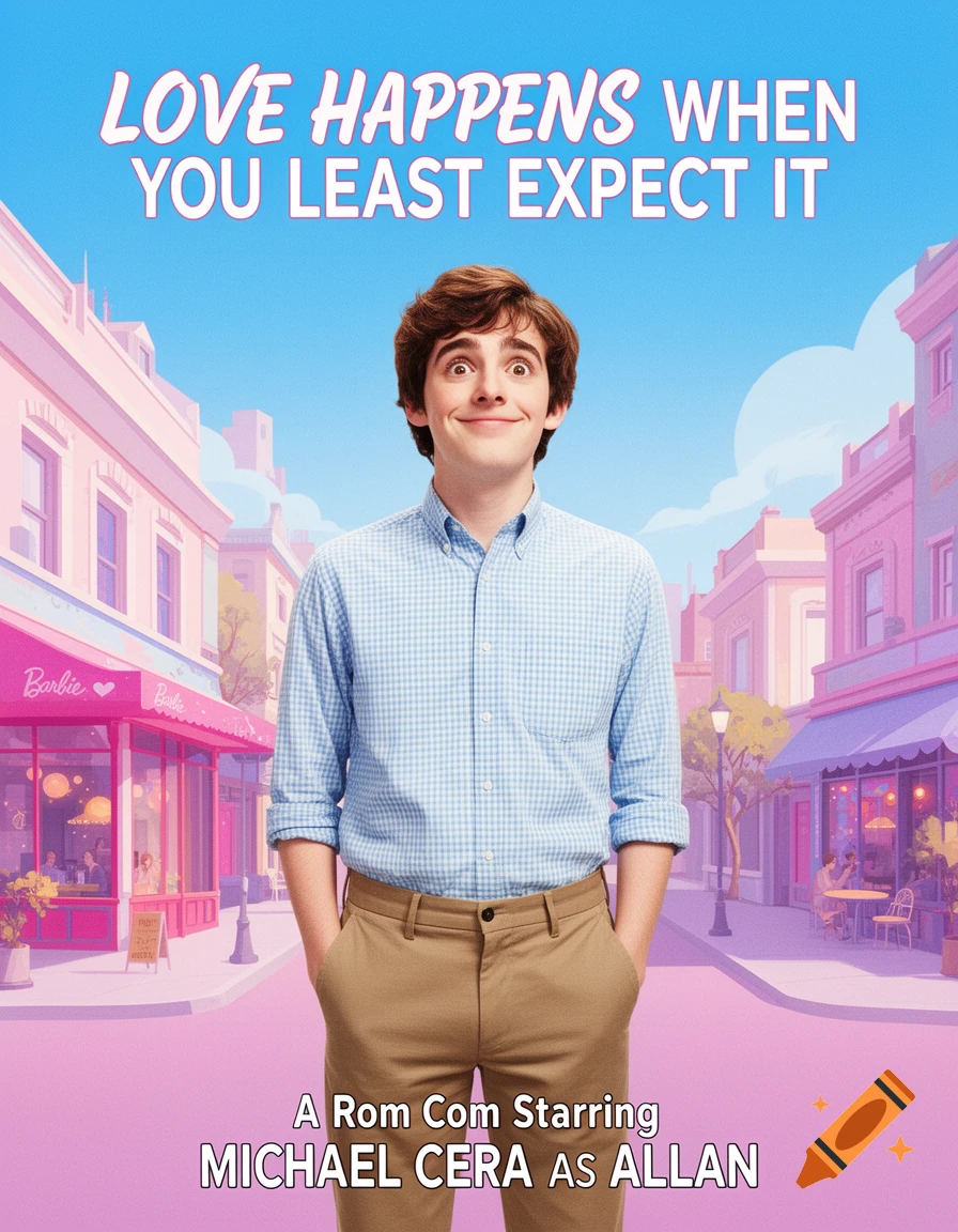 Movie poster of Michael Cera as Allan smiling, hands in pockets, on a pastel city street with the title 'Love Happens When You Least Expect It'.