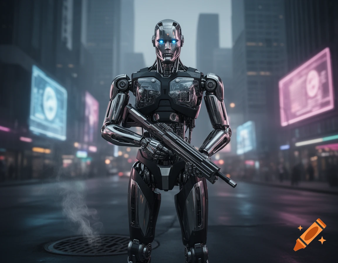 A photorealistic metallic robot with glowing blue eyes holds a rifle, standing on a futuristic city street with neon signs.
