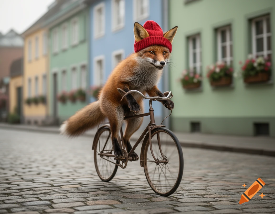 A cute fox wearing a red knit hat rides a bicycle down a cobblestone street with colorful buildings in the background.