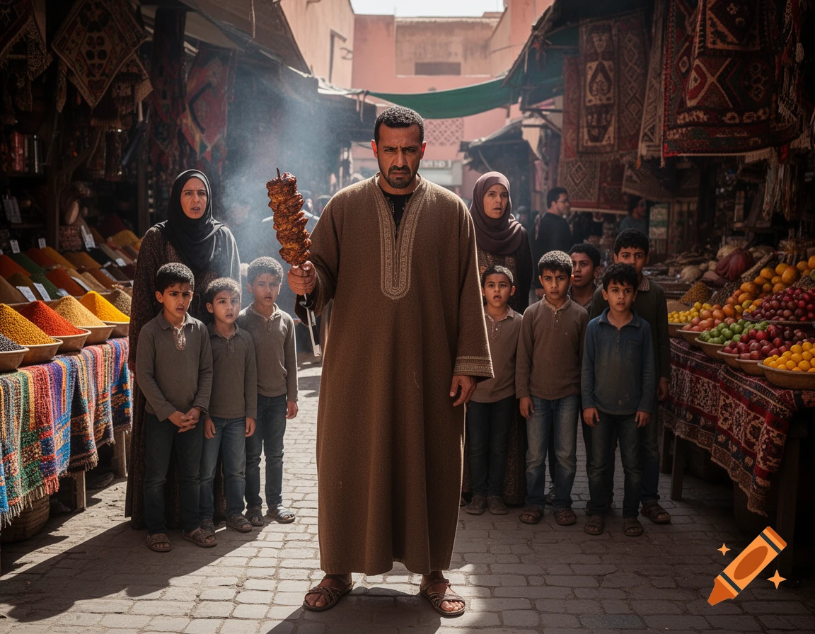 A man in a brown djellaba holds a meat skewer, standing sternly with a woman and six children in a bustling, smoke-filled marketplace filled with spices and fruits.