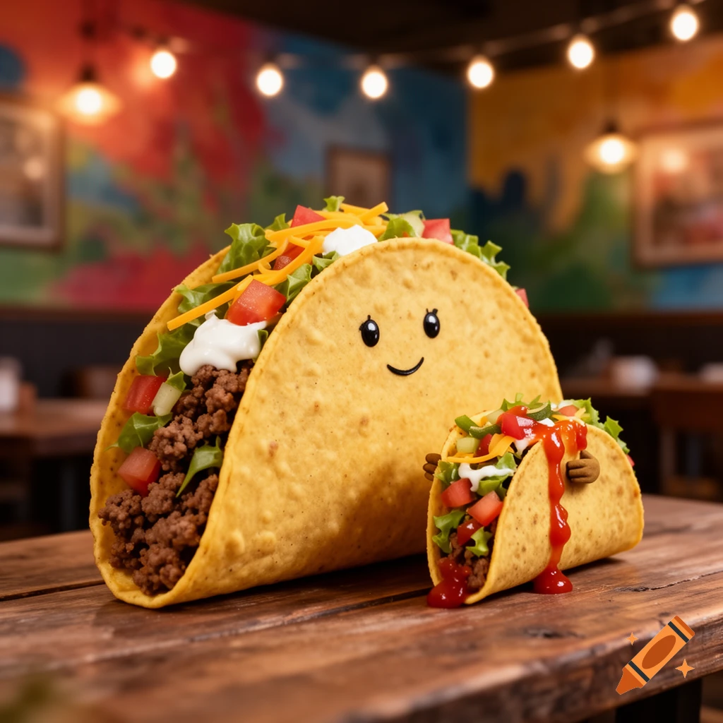 A large, anthropomorphic taco with a happy face holds and eats a smaller, sauce-covered taco on a wooden table in a restaurant setting.