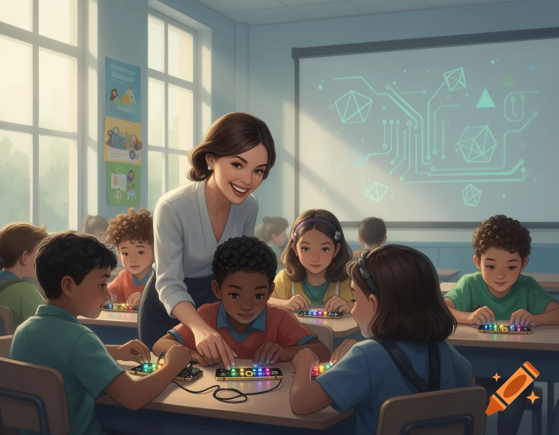 A smiling teacher helps diverse elementary students in a bright classroom as they learn coding using small, colorful devices.