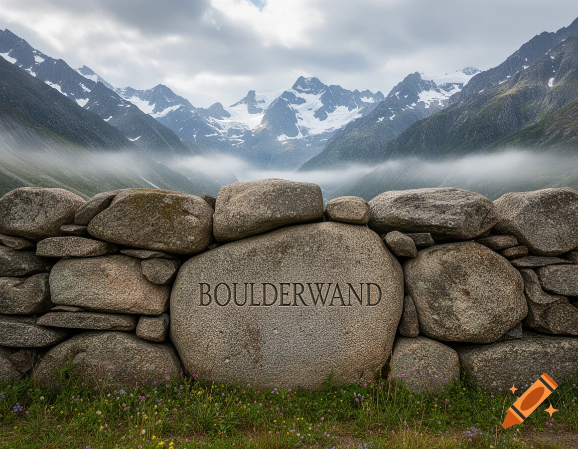 Photorealistic stone wall with 'BOULDERWAND' carved into a boulder, set in a misty mountain landscape with snow-capped peaks.