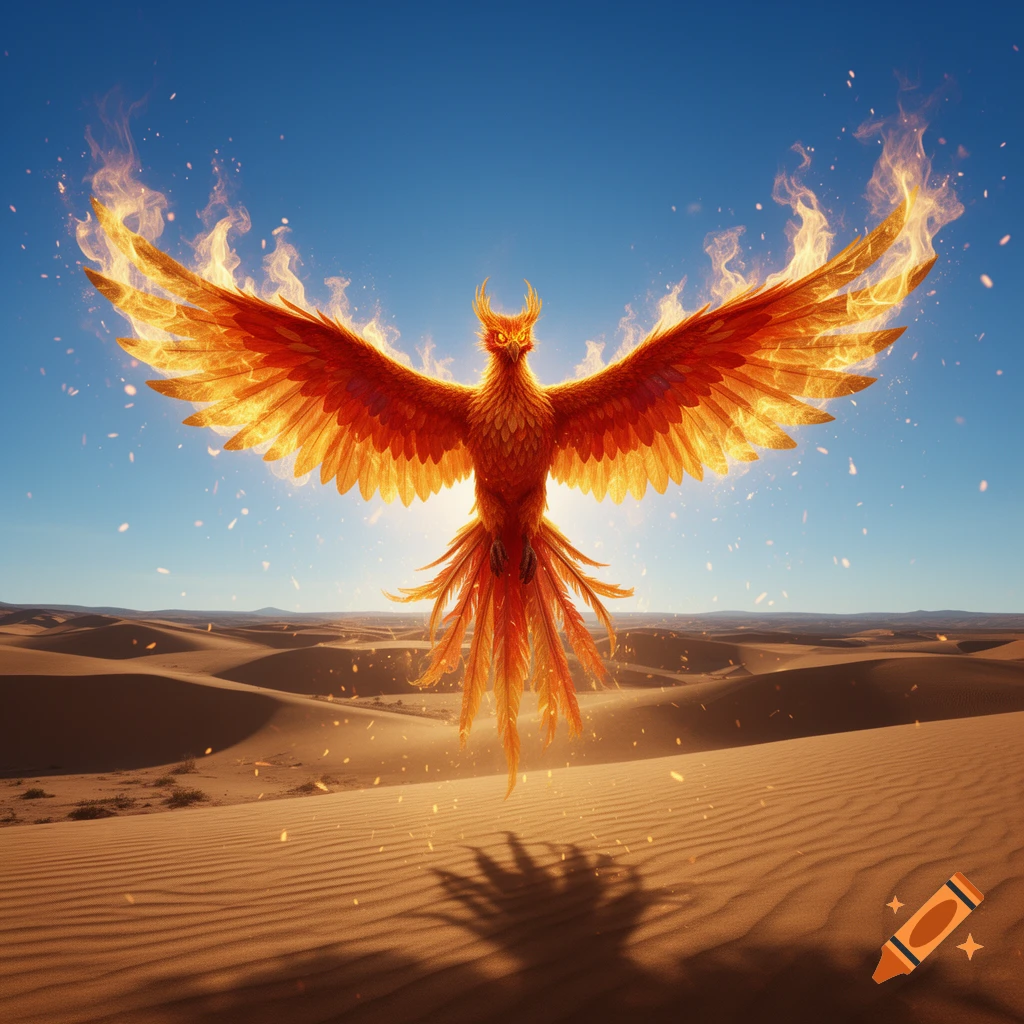 A majestic fiery phoenix with outstretched wings soars over a vast desert under a clear blue sky.