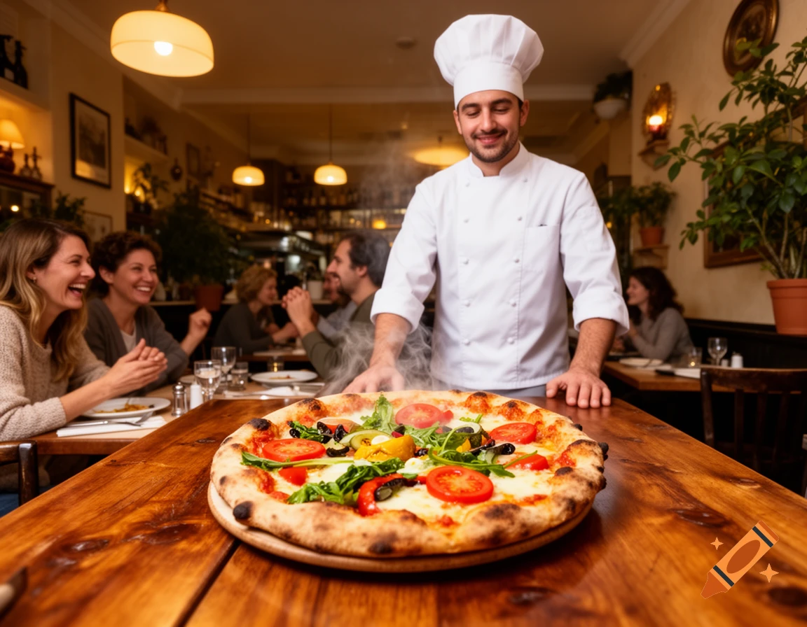 A smiling chef presents a freshly baked pizza topped with tomatoes and arugula to happy customers in a cozy restaurant.