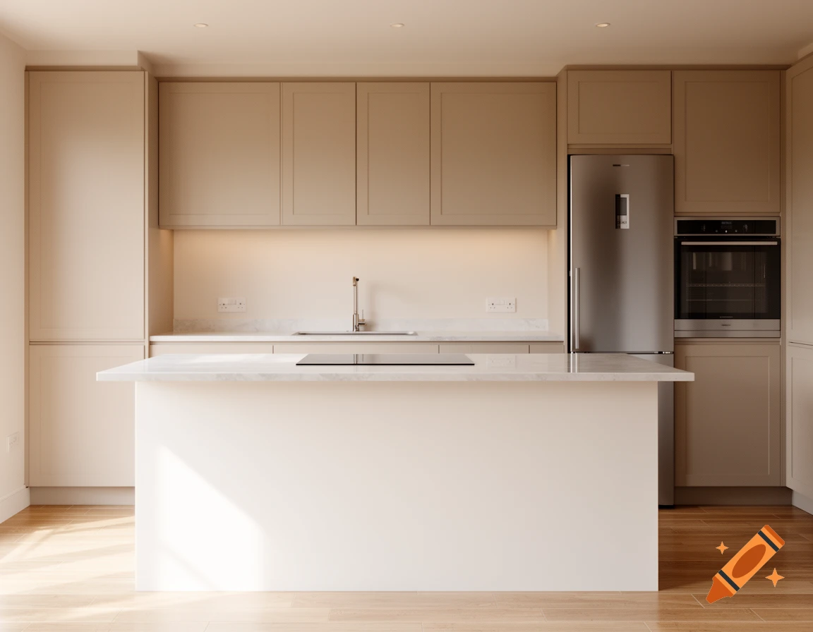 Modern kitchen with cashmere-colored wall cabinets, white island with a stone countertop and cooktop, stainless steel refrigerator and oven. Photorealistic.